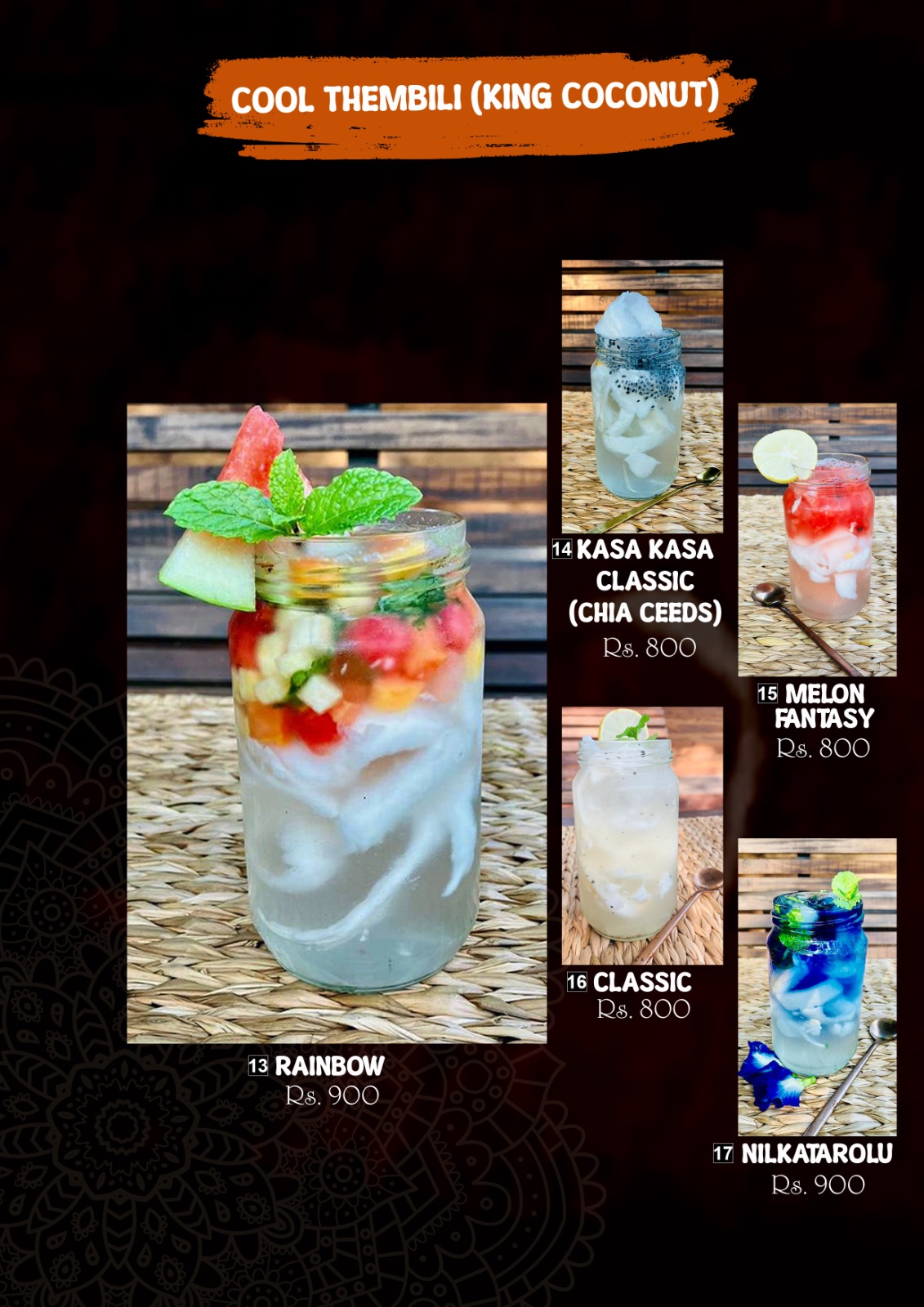 Hambu Café menu board — Cool Thembili (King Coconut) page listing Rainbow, Kasa Kasa Classic, Melon Fantasy, Classic and Nilkatarolu with prices